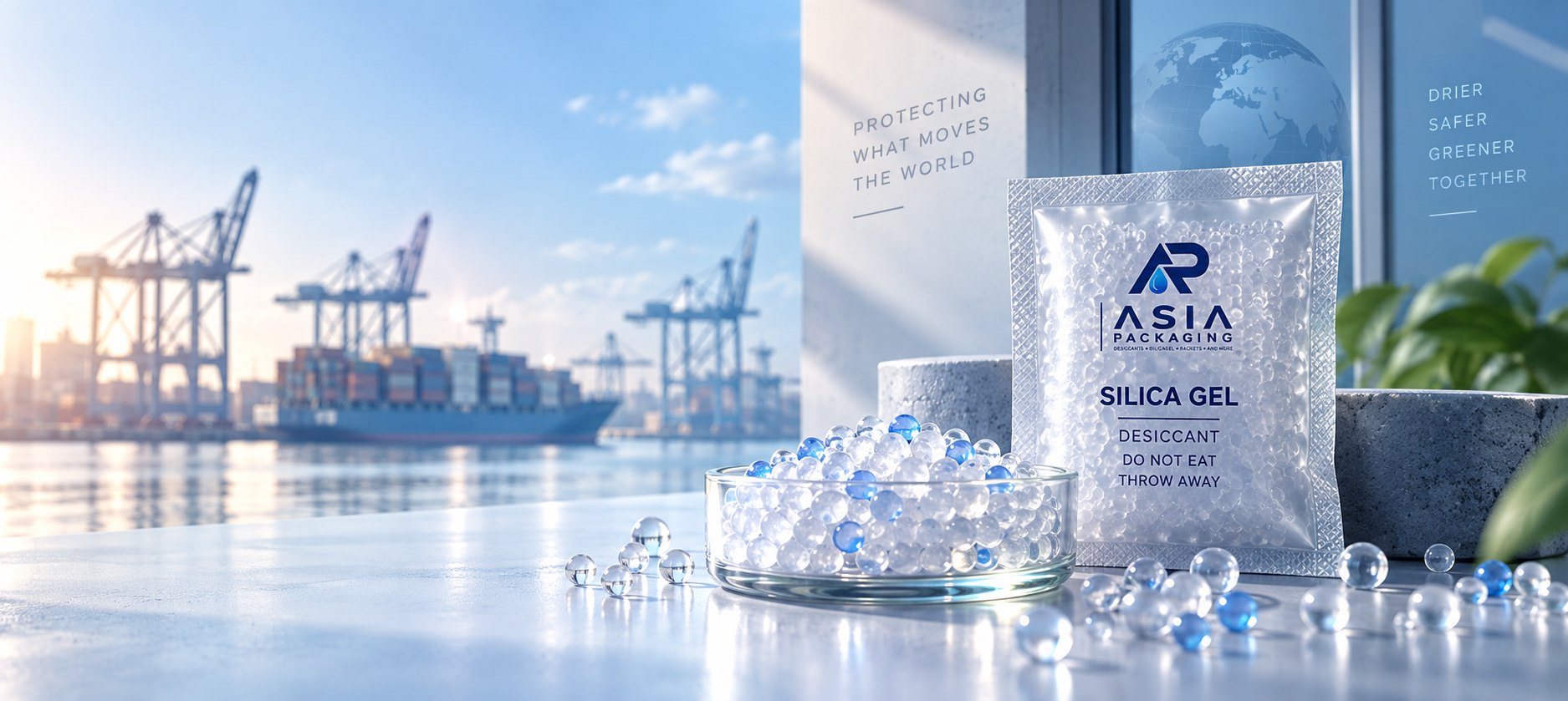 Asia Packaging silica gel sachet beside a dish of desiccant beads on a quayside, with a container ship loading behind